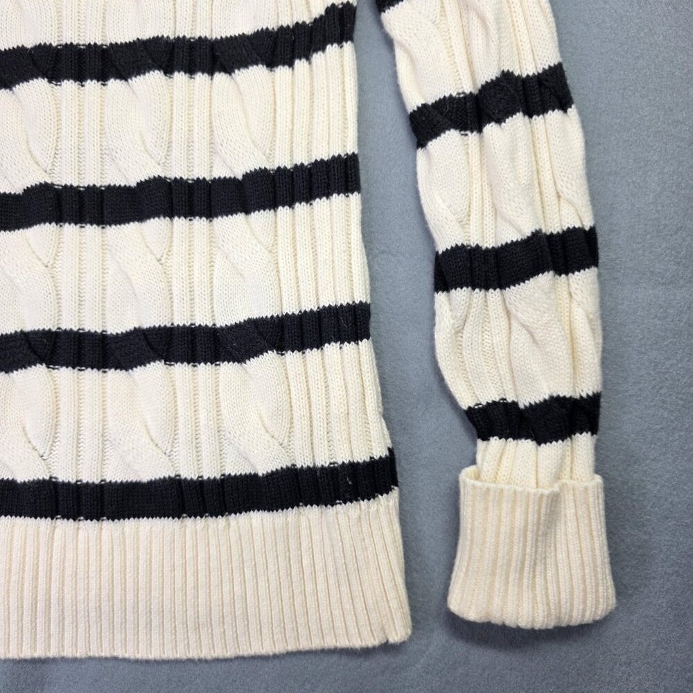 Talbots Sweater Womens M Petite White Blue Striped Cable Knit Nautical Preppy - Picture 2 of 10